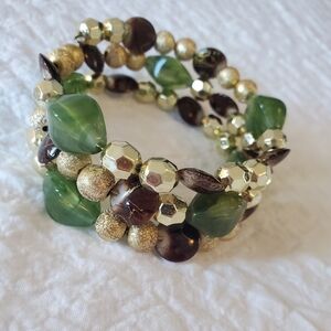 Handbeaded Wired Stack Bracelet Cuff With Greens And Golds